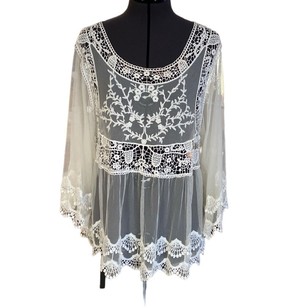 Pink Melo Top Lace Top in Nude or light apricot Color Flared Sleeve Embroider